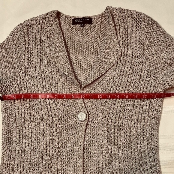 Jones‎ New York Linen Crochet 3/4 Sleeve Cardigan Sz M EUC Cafe Au Lait Color - Picture 6 of 9